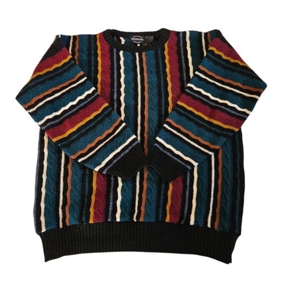 Vintage 90s Men's Weekends Relax-Fit Knit Multi-Color Sweater Large Coogie-Style